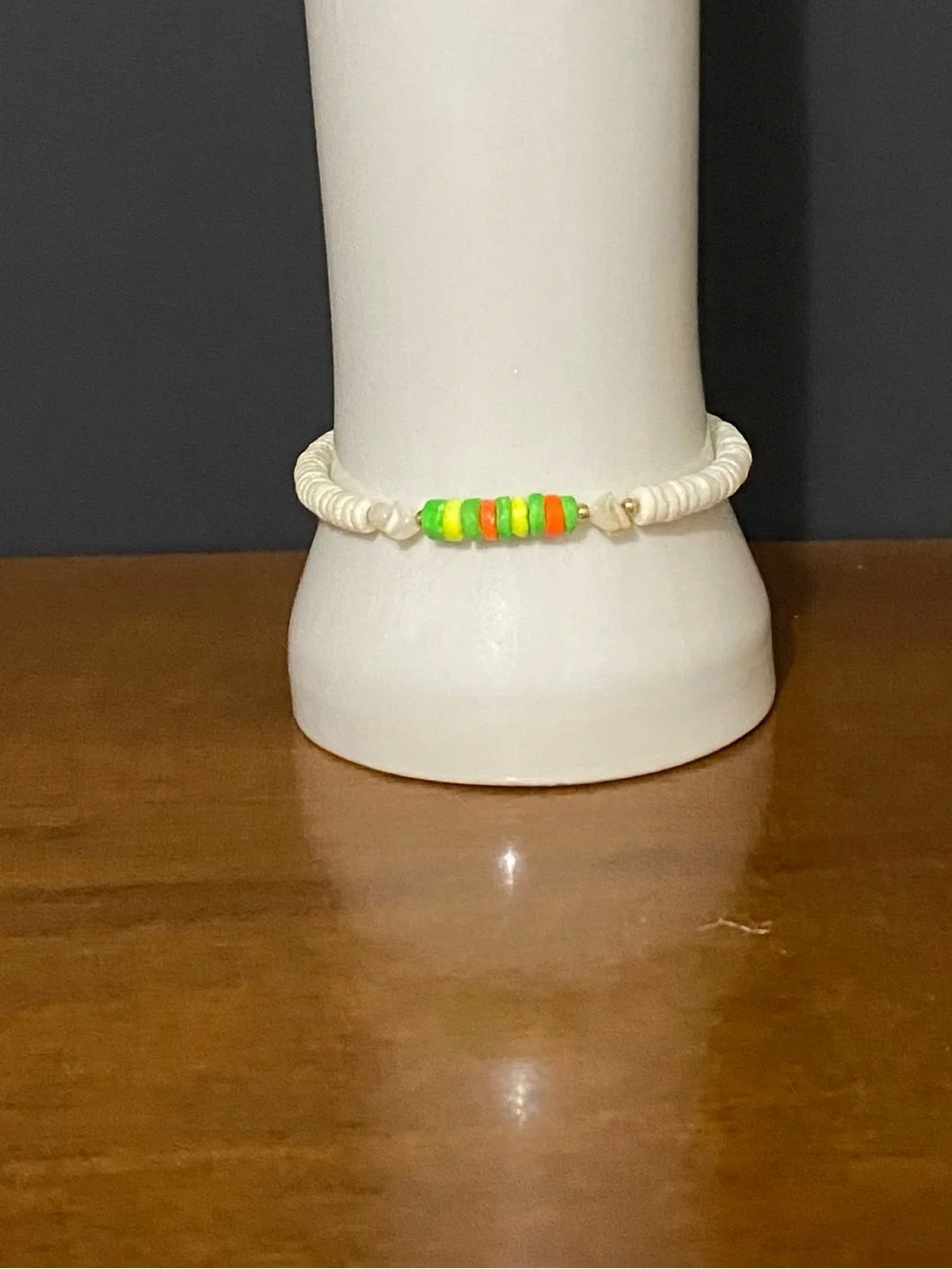 Puka Shell Bracelet with white, Neon Green, yellow & Orange Beads 8”